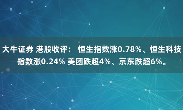大牛证券 港股收评： 恒生指数涨0.78%、恒生科技指数涨0.24% 美团跌超4%、京东跌超6%。